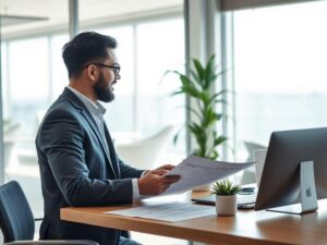 Corretor de imóveis conversando com comprador em escritório moderno com vista para o mar em São Pedro da Aldeia.
