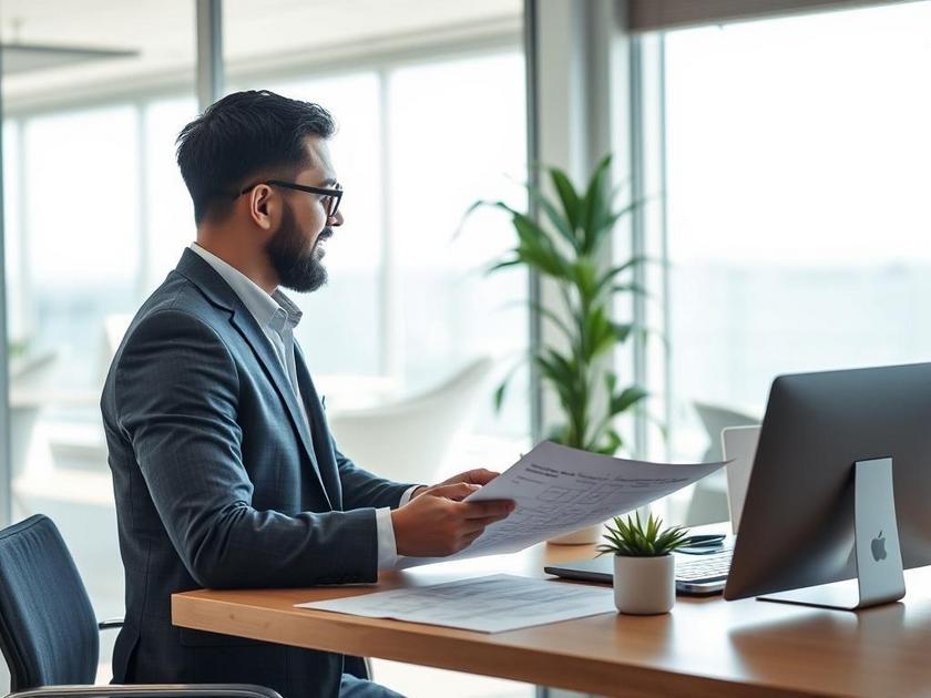 Corretor de imóveis conversando com comprador em escritório moderno com vista para o mar em São Pedro da Aldeia.