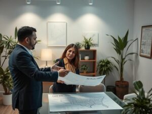 Casal de profissionais discutindo compra de imóvel em escritório moderno, refletindo o mercado imobiliário de São Pedro da Aldeia.