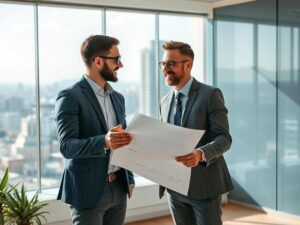 Casal jovem em conversação com consultor imobiliário em escritório moderno sobre compra de imóvel em São Pedro da Aldeia.