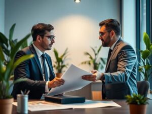 Comprador consultando advogado em escritório moderno sobre mercado imobiliário de São Pedro da Aldeia, com elementos decorativos.