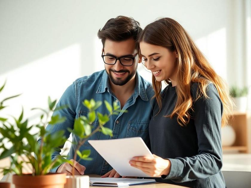 Jovem casal diversificado analisando planta com corretor em um escritório moderno, simbolizando oportunidades no mercado imobiliário.