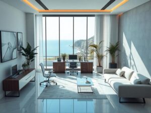 Casal diversificado analisando planta de imóvel em escritório moderno com vista para o mar.