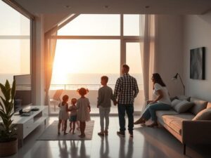 Família visitando imóvel à venda em São Pedro da Aldeia com vista para o mar e luz natural.