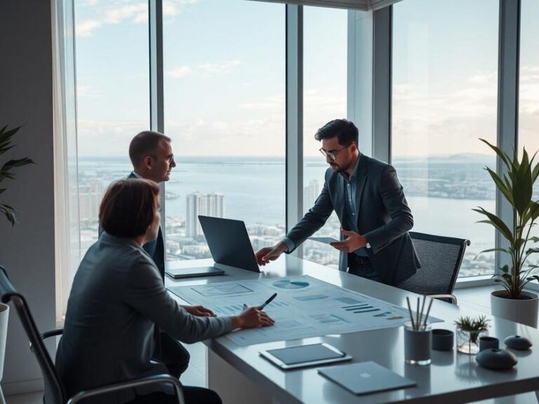 Investidores diversificados analisam gráfico de mercado imobiliário em escritório moderno com vista para o mar.