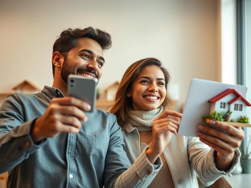 Casal multicultural visualizando imóveis à venda em um escritório imobiliário moderno.