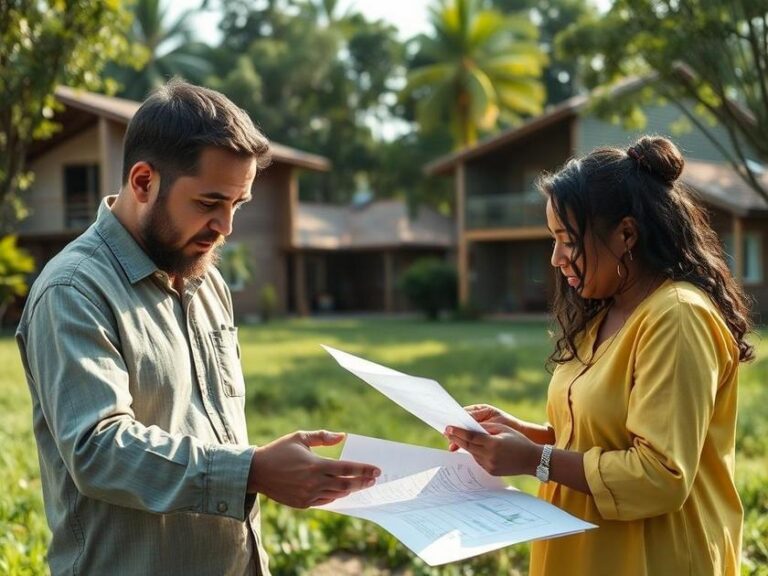 Casal diverso analisando documentos para compra de imóvel rodeado por natureza em São Pedro da Aldeia.