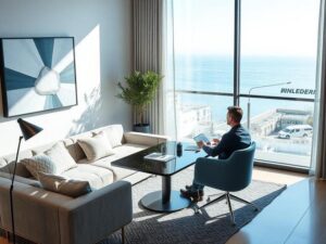 Investidor consultando corretor em escritório moderno, destacando oportunidades de imóveis em São Pedro da Aldeia.