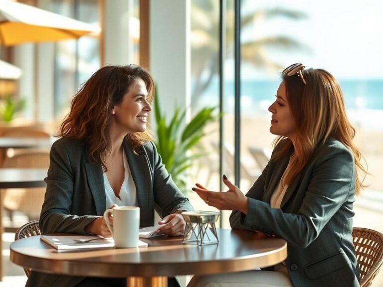 Mulher empreendedora discutindo plano de investimento em café à beira da praia, destacando oportunidades no mercado imobiliário.