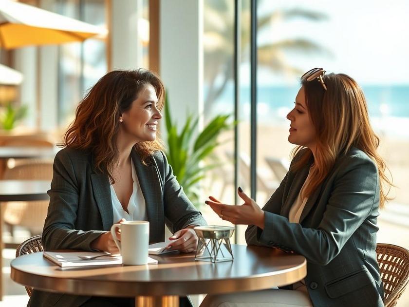Mulher empreendedora discutindo plano de investimento em café à beira da praia, destacando oportunidades no mercado imobiliário.