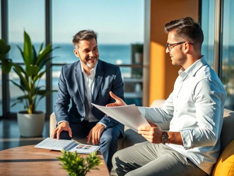 Profissional diversificado em consulta com comprador jovem, ressaltando o mercado imobiliário vibrante de São Pedro da Aldeia