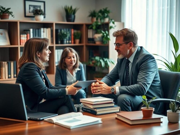 Família diversificada consultando advogado sobre compra de imóvel em escritório bem iluminado.