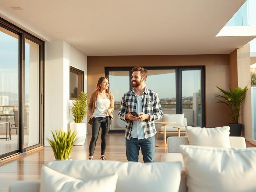 Casal jovem diversificado visitando um imóvel à venda em São Pedro da Aldeia, mostrando entusiasmo e esperança na compra.