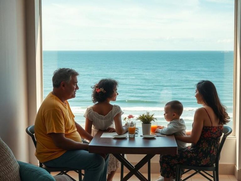 Família diversificada visitando imóvel à beira-mar em São Pedro da Aldeia/RJ, simbolizando oportunidades no mercado imobiliário.