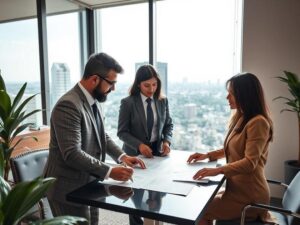 Casal de investidores analisando planta de imóvel em escritório elegante com vista para a cidade.