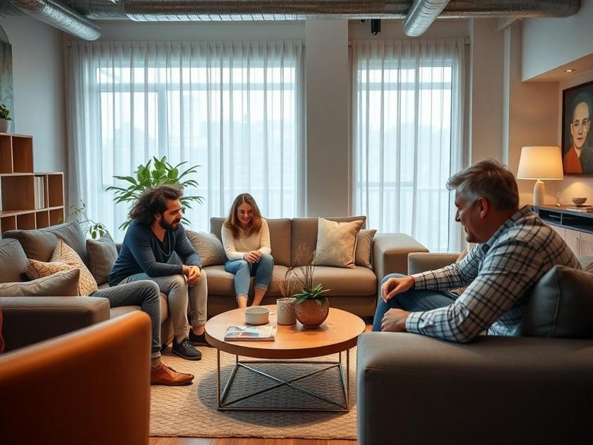 Família diversa reorganizando a sala de estar com móveis multifuncionais em espaço moderno e iluminado, Organização Residencial: Soluções Práticas para o Brisas.