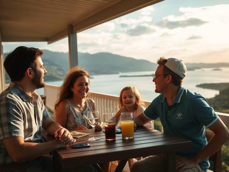 Família feliz na varanda com vista para a Lagoa de Araruama, representando os diferenciais do Brisas da Lagoa.