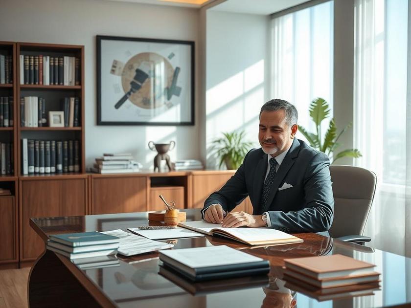 Cliente diversificado consultando advogado em escritório elegante sobre compra de imóvel em São Pedro da Aldeia.