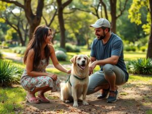 Família diversificada interagindo alegremente com seu cachorro no parque pet friendly do Brisas da Lagoa
