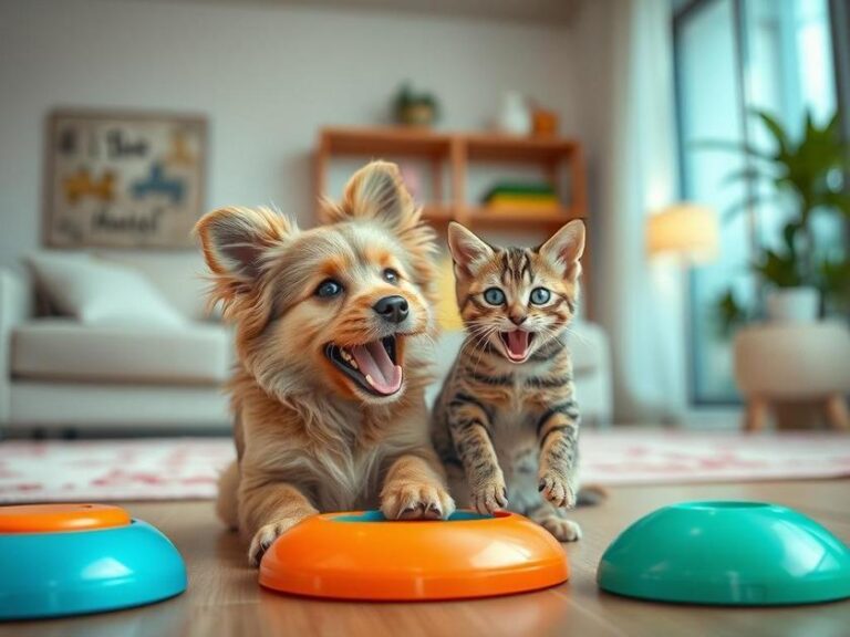 Cão e gato brincando em um ambiente seguro, representando cuidados e diversão para pets.