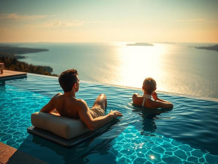 Casal relaxando à beira de piscina com borda infinita, vista deslumbrante para lagoa, representação de luxo e relaxamento.