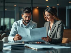 Casal diversificado analisando orçamentos em escritório moderno, destacando planejamento financeiro: Como se Preparar para Comprar.