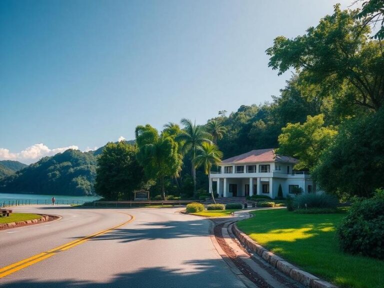 Acesso ao Brisas da Lagoa, destacando rodovia e paisagem tranquila em São Pedro da Aldeia.