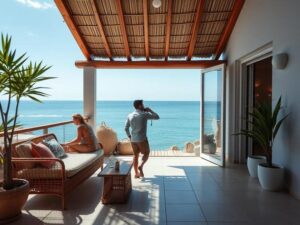 Casal diversificado explorando um imóvel à beira-mar em São Pedro da Aldeia, representando oportunidades de investimento.