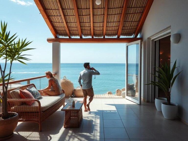 Casal diversificado explorando um imóvel à beira-mar em São Pedro da Aldeia, representando oportunidades de investimento.