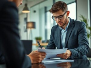 Casal jovem analisando documentos sobre imóveis em escritório imobiliário moderno com luz natural.
