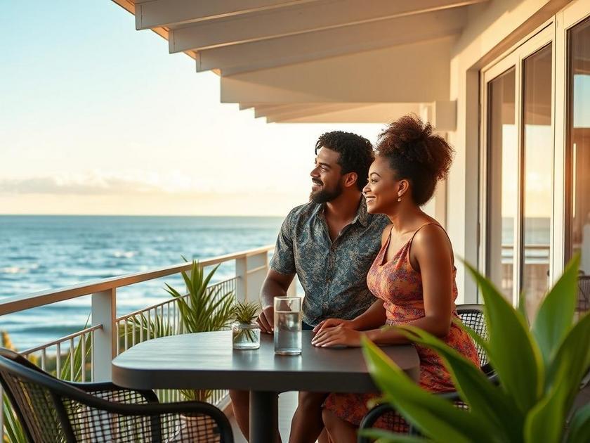 Casal multicultural visitando imóvel com vista para o mar na Região dos Lagos durante o pôr do sol.