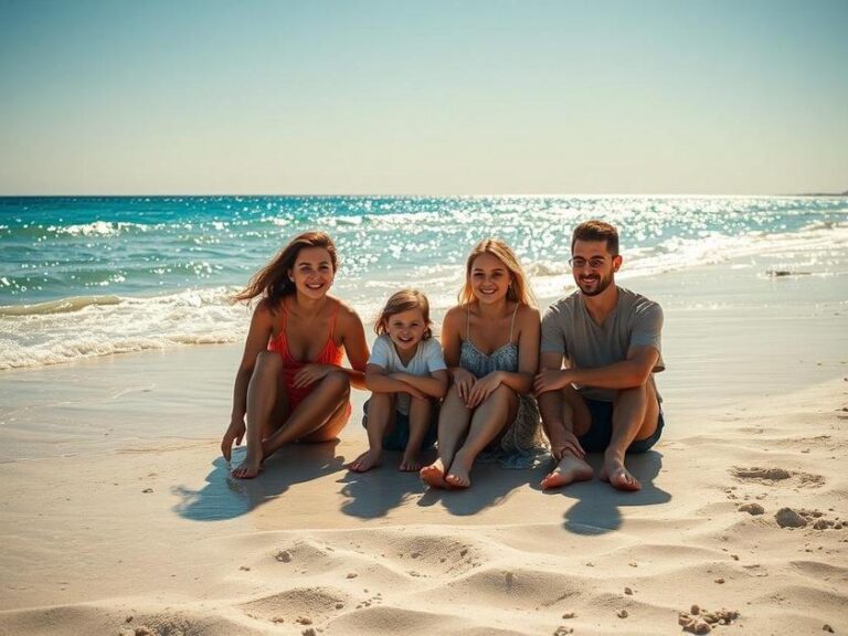 Família desfrutando a Praia do Forte: Praia e Lazer ao Alcance com águas cristalinas e vegetação exuberante.