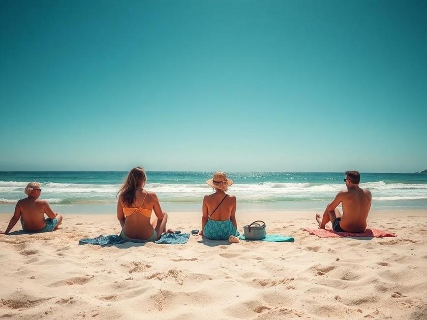 Grupo de pessoas relaxando na Praia da Baleia em São Pedro da Aldeia, durante um dia ensolarado.