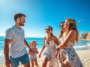 Famílias felizes aproveitando a vida perto da praia de Cabo Frio, destacando as vantagens de morar na região.