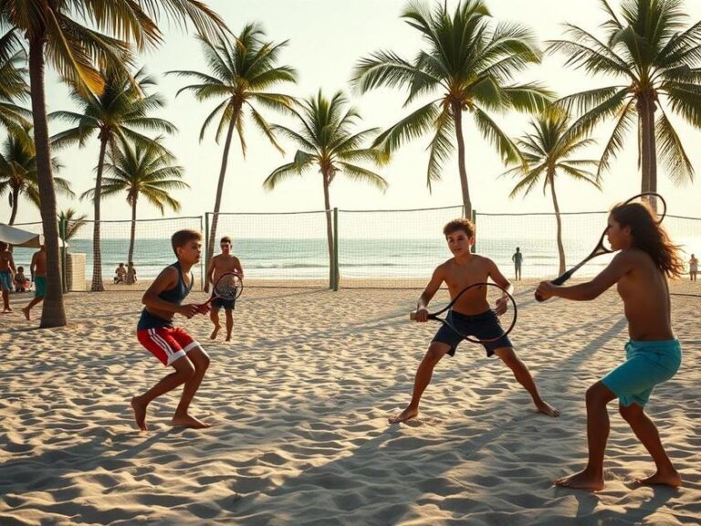 Jovens atletas praticando Beach Tennis e Futevôlei em quadra na praia, representando a saúde e socialização.