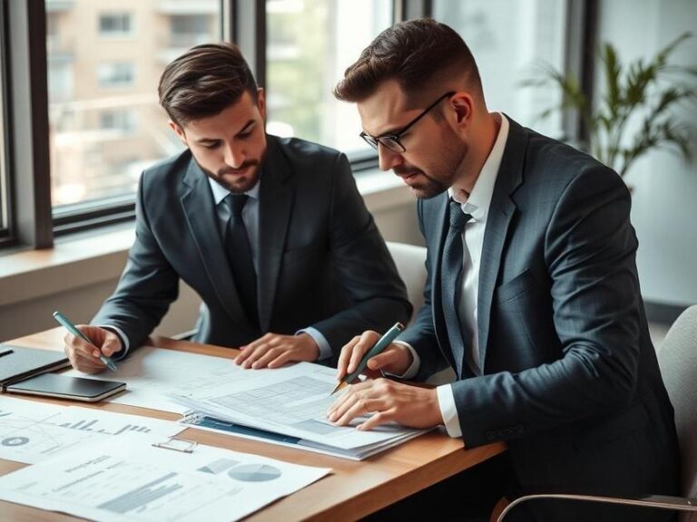 Casal diversificado analisando documentos com advogado sobre retorno sobre investimento no mercado imobiliário.