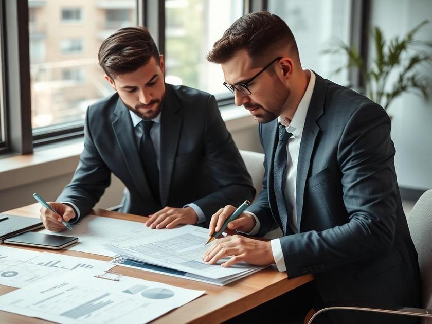 Casal diversificado analisando documentos com advogado sobre retorno sobre investimento no mercado imobiliário.