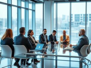 Investidores diversificados realizando uma reunião sobre estratégias de revenda de imóveis na região do Brisas, São Pedro da Aldeia.