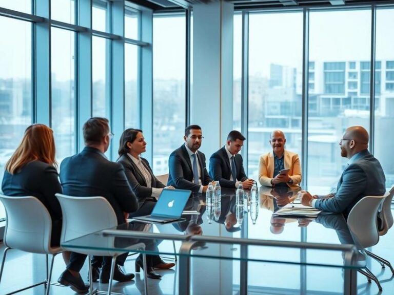 Investidores diversificados realizando uma reunião sobre estratégias de revenda de imóveis na região do Brisas, São Pedro da Aldeia.