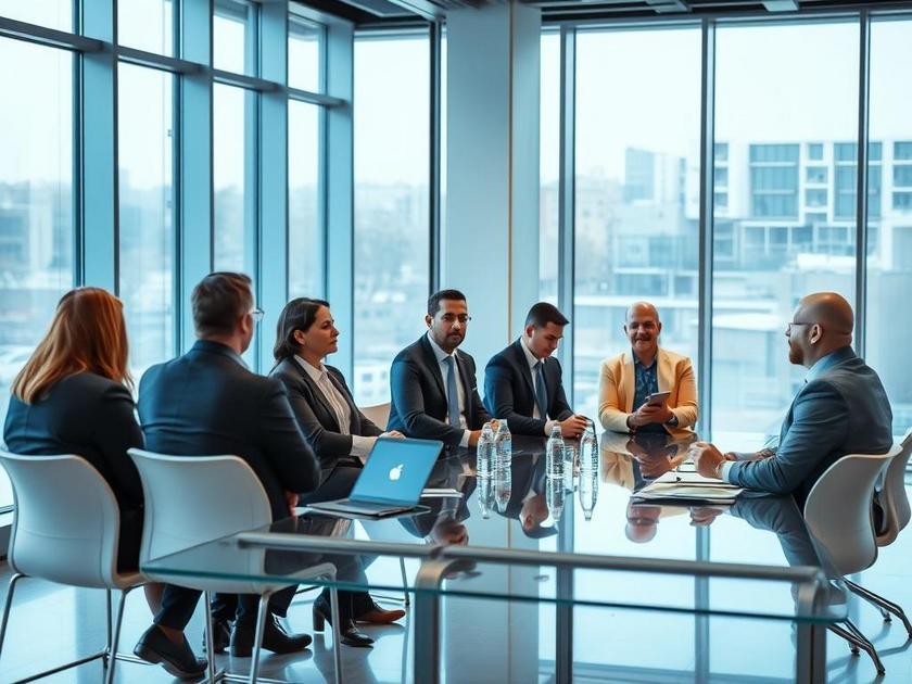 Investidores diversificados realizando uma reunião sobre estratégias de revenda de imóveis na região do Brisas, São Pedro da Aldeia.