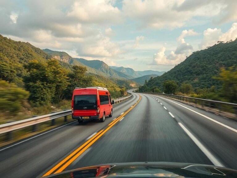 Carro em movimento na Rodovia RJ 140, ilustrando conectividade e mobilidade na Região dos Lagos.