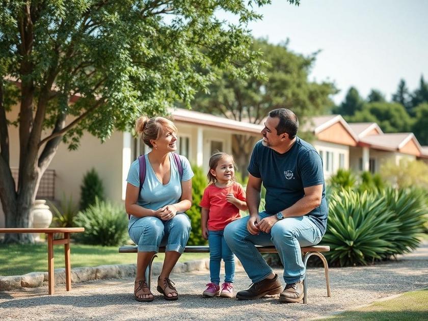 Família diversificada visitando imóveis no Brisas, refletindo segurança financeira e qualidade de vida.
