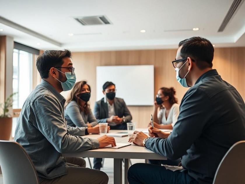 Moradores discutindo estratégias de segurança em um hall de condomínio, refletindo a tranquilidade em segurança no condomínio.