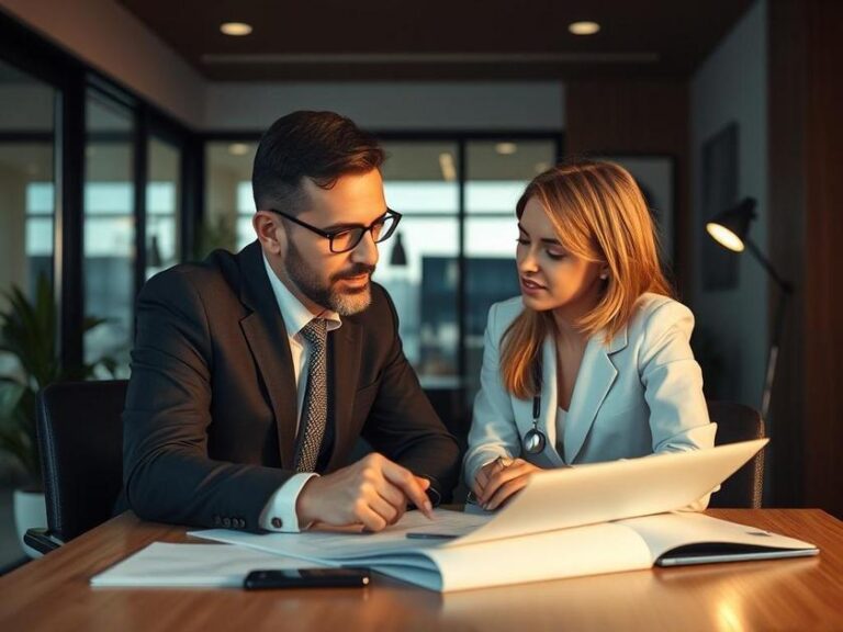 Proprietário consultando especialista em seguros residenciais, refletindo sobre a proteção do imóvel em escritório.