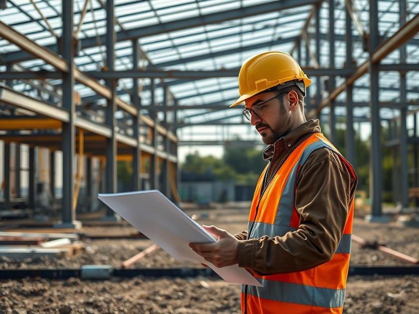 Engenheiro civil analisando projeto de alvenaria estrutural em canteiro de obras, refletindo durabilidade e qualidade.