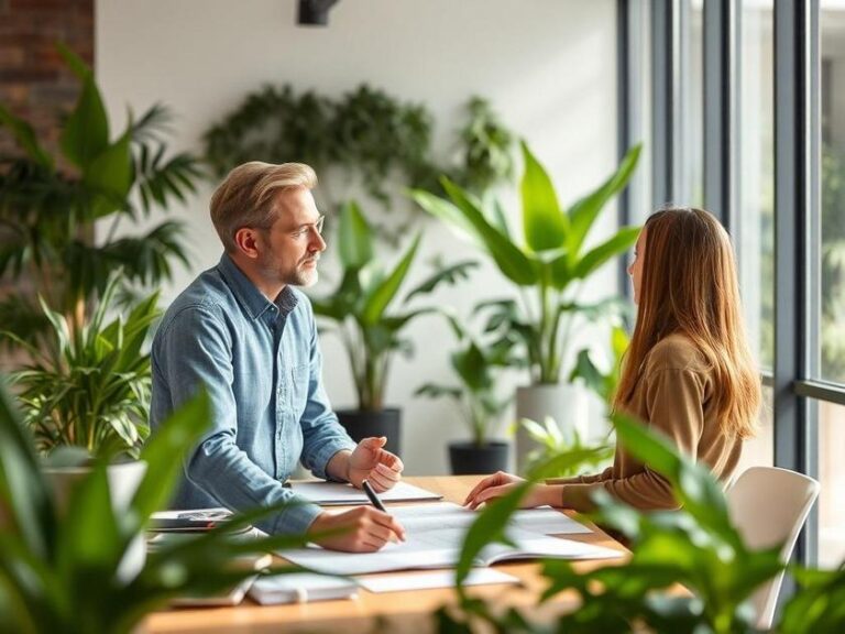 Profissional discutindo com cliente sobre projetos sustentáveis em escritório moderno, alinhado ao tema 'Sustentabilidade: Práticas Ecológicas no Empreendimento'.