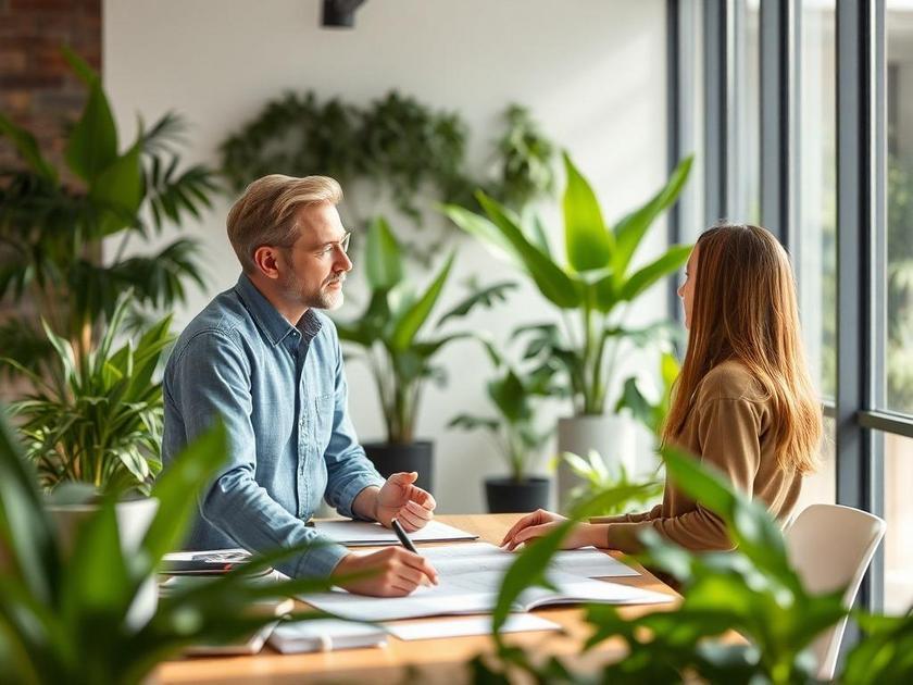 Profissional discutindo com cliente sobre projetos sustentáveis em escritório moderno, alinhado ao tema 'Sustentabilidade: Práticas Ecológicas no Empreendimento'.