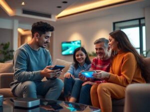 Família multicultural interagindo com dispositivos de automação residencial em uma sala moderna.