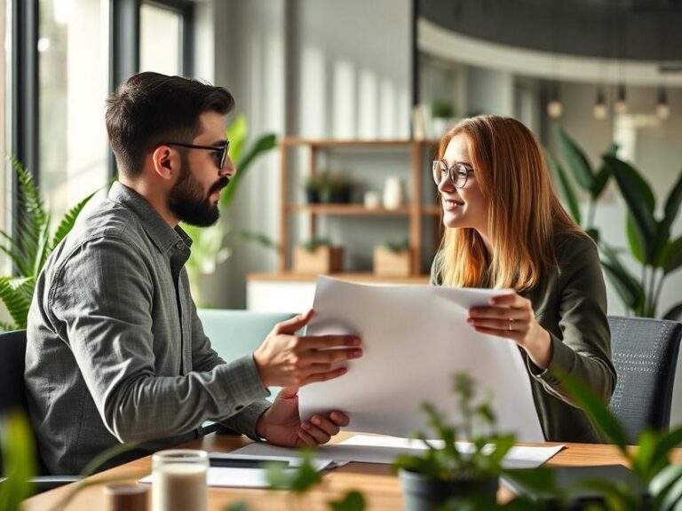Casal jovem discutindo investimento em imóvel sustentável no escritório moderno, reflexo das tendências do mercado imobiliário.