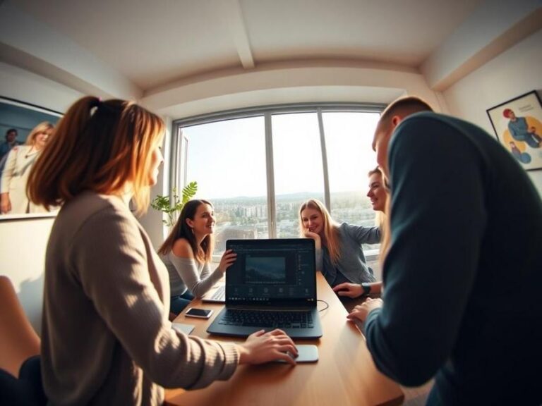 Grupo diversificado de pessoas em home office explorando imóvel pelo Tour 360°, refletindo a tecnologia no mercado imobiliário.